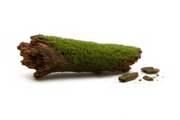 Tree branch covered in vibrant green moss contrasting with aged brown bark, creating a natural element. Transparent background