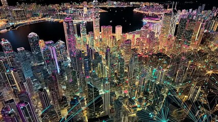 A vibrant aerial view of a futuristic city skyline at night, illuminated by colorful lights and digital networks - Powered by Adobe