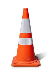 An orange warning cone with reflective white bands stands vertically on a white background casting a shadow