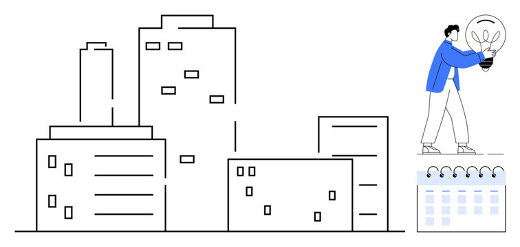 Minimalist cityscape, person holding a large lightbulb, small calendar. Ideal for innovation, urban planning, creativity, future city concepts, strategy vision business development. Simple flat