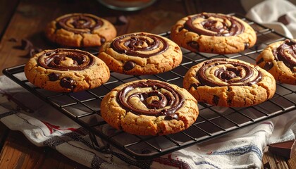Delightful cookies with swirling chocolate filling, studded with chips, resting on a cooling rack over a rustic wooden surface