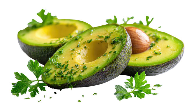 Fresh sliced avocado halves seasoned with chopped herbs and garnished with green parsley leaves for healthy cooking isolated on white background