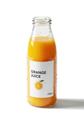 Clear glass bottle filled with orange liquid featuring a white label with text a fruit illustration and volume Water droplets cover its surface