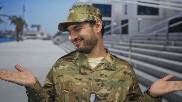 Man in camouflage military uniform spreads palms up in shrug on street at seaside promenade; uncertainty doubt.