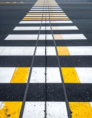 Close-up of a pedestrian crossing with alternating white and yellow stripes