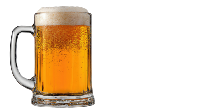 Cold frothy glass beer mug filled with golden bubbling lager showing rich foam and refreshing detail isolated on white background