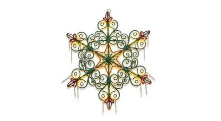 Intricate snowflake decoration illuminated with colorful lights dangling icicles