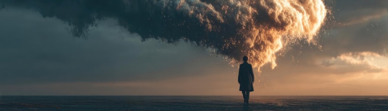 Overwhelmed person under exploding cloud concept. A figure stands against a dramatic cloudy landscape at sunset.