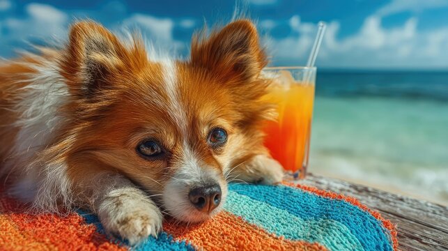 Summer beach banner with dog lying in sand concept. A relaxed dog lounging by the beach with a refreshing drink.