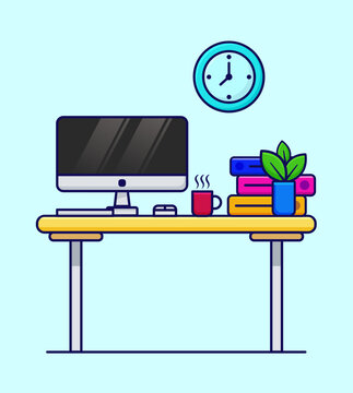 Minimalist Home Office Desk with Computer and Books Illustrations