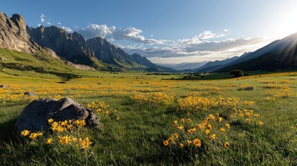 A sunlit mountain valley bursts with wildflowers, a serene panorama under a cloudy sky. The sunlight creates dramatic shadows