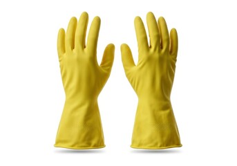 Two bright yellow household cleaning gloves standing upright against a plain white background