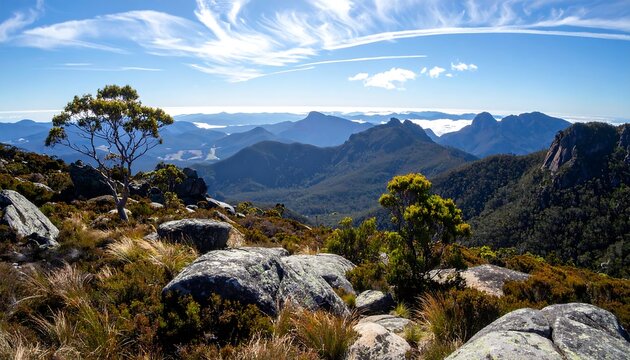 Expansive panorama capturing mountainous terrain under a vibrant sky with wispy clouds, featuring rocks & lone tree