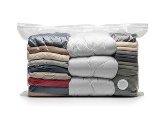 Vacuum-sealed clear plastic bag filled with neatly folded garments and quilted items resting on a white surface