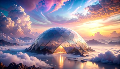 Futuristic glass dome structure set amidst ethereal clouds and majestic mountains. Reflective surface mirrors vibrant sunset hues