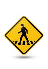 Yellow diamond-shaped warning sign displaying a black pedestrian figure walking on a crosswalk with a subtle shadow on a white background
