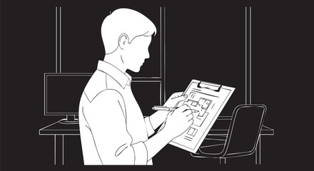 A person sketches on a clipboard at a desk in an office setting, possibly designing or planning a project with focus.