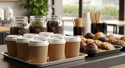 Coffee and pastries ready for customers.