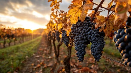 Sunlight streams through a vineyard at sunset, illuminating ripe grapes and golden leaves on the vines. Rows stretch into the distance