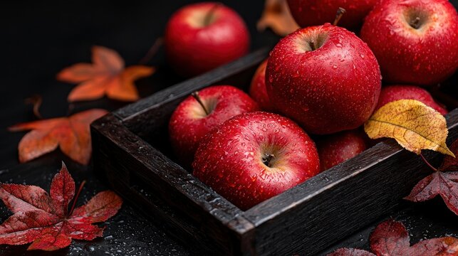 Fresh red apples, glistening with droplets, fill a rustic wooden crate amidst scattered autumn leaves, all set on a dark surface
