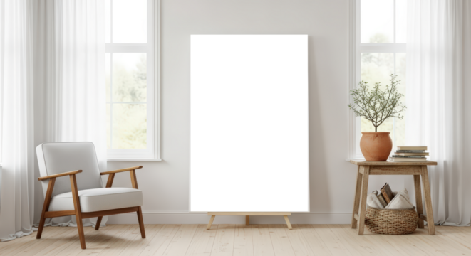 Blank Canvas On Easel In A Bright Room With Armchair And Plant isolated on Transparent Background