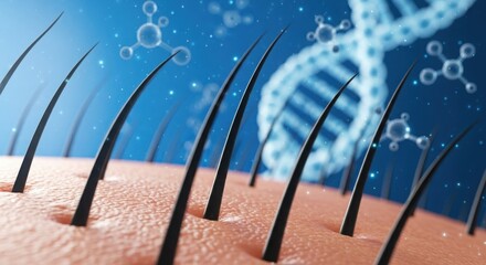 Microscopic view of hair follicles and dna helix illustrating genetic hair health science illustration