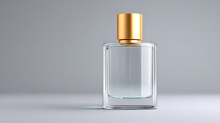 Perfume fragrance glass bottle minimal gold cap mockup studio luxury transparent clean design Sleek glass perfume bottle with gold cap neutral background, minimal luxury mockup studio light