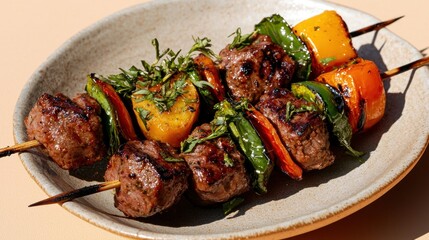 Skewered grilled meat and vegetables served on a rustic plate. Fresh herbs garnish. Summer meal. Sunlight