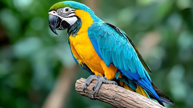 A vibrant blue and yellow macaw rests on a wooden branch. Green background