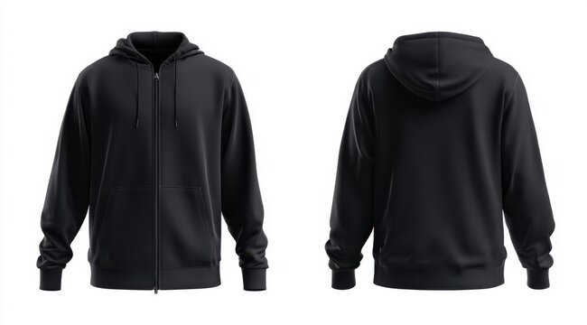 black hoodie front and back mockup isolated on a white background, black zipped sweatshirt template for design with a clipping path or cut-out elements. mock-up of a blank sportswear item