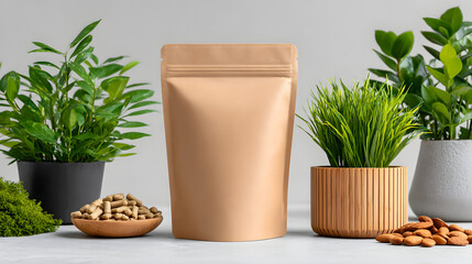 Eco friendly kraft pouch resealable stand up bag natural pet food minimalist packaging blank mockup plant based concept neutral background studio lighting sustainable material organic vibe with