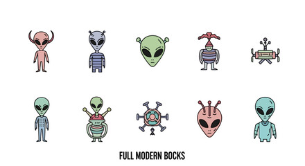 Modern alien icons for space, futuristic designs, and extra-terrestrial creature illustrations