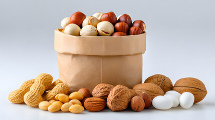 Assorted nut mix kraft paper bag organic snack shelled nut unshelled nut natural food healthy diet rustic style studio lighting neutral background. Assorted nut mix kraft paper bag with shelled