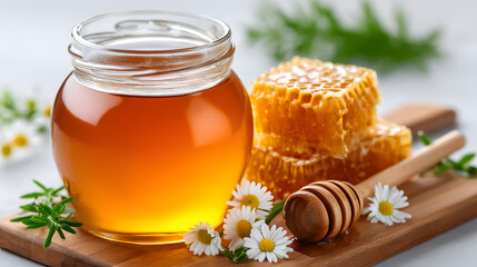 Golden honey jar wooden dipper honeycomb chamomile flower natural sweetener organic rustic glass jar amber fresh harvest