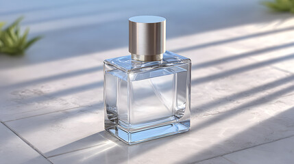 Glass perfume bottle minimal design silver cap transparent liquid luxury fragrance clean aesthetic sunlight shadow tiled surface studio lighting elegant scent, serene mood and refined detail