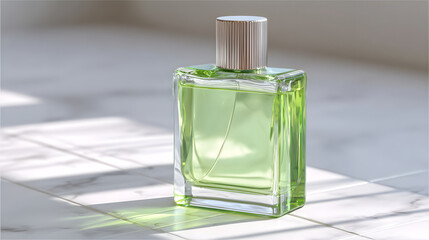 Fresh green perfume glass bottle clear liquid ribbed cap sunlight marble surface minimalist style reflective shadow studio lighting modern design. Elegant fragrance bottle marble tile with soft