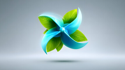 Blue pinwheel eco energy green leaf sustainable wind power clean energy renewable fresh nature environment with calm mood and gentle motion, glossy blades spinning over foliage, minimalist gray