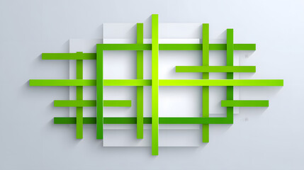 Geometric abstract wall art green bar white panel modern design 3D render minimal style clean line grid pattern layered shape contemporary look convey calm focus and creative energy