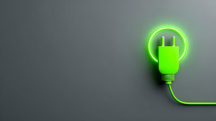 Green plug neon glow power symbol energy concept minimal design eco friendly electric cable luminous circle wall socket sustainability theme vibrant green plug with neon glow forms luminous circle