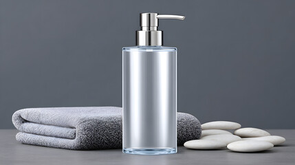 Clear pump bottle glass container liquid soap bathroom decor gray towel spa stones minimalist style stainless pump clean design skincare product displayed countertop with folded towel and smooth