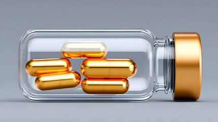 Golden capsule glass bottle supplement vitamin healthcare pharmacy metallic transparent closeup minimalist. Golden capsules rest clear glass bottle with metallic lid clean design modern health