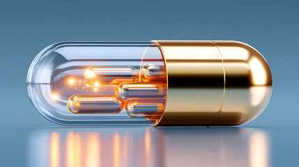 Golden capsule transparent pill vitamin supplement glossy shell healthcare product pharmaceutical concept shiny medicine macro detail blue background 3d render. Golden capsule with transparent
