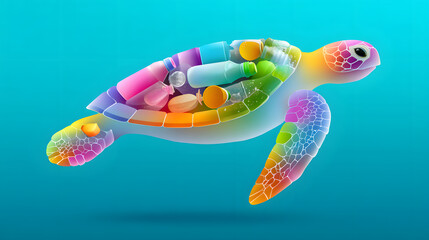 Colorful sea turtle marine pollution plastic waste ocean conservation environmental awareness aquatic wildlife underwater coral reef eco concept vibrant illustration. Colorful sea turtle swims