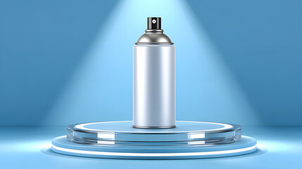 White aluminum spray can minimalist mockup clean blue spotlight pedestal cosmetic aerosol packaging with modern calm mood on display