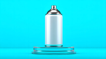 White aluminum spray can blank label metal cap aerosol container minimalist design turquoise background product mockup glossy finish standing pedestal clean style. White aluminum spray can with