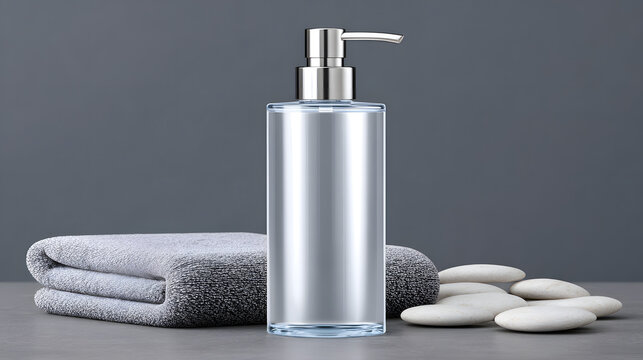 Clear pump bottle glass container liquid soap bathroom decor gray towel spa stones minimalist style stainless pump clean design skincare product displayed countertop with folded towel and smooth