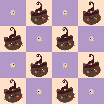 cute cartoon black cat with patchwork background for halloween theme