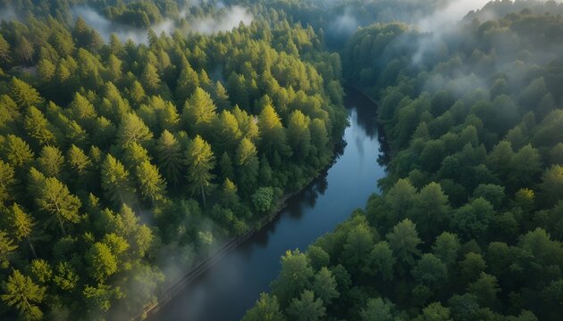 Breathtaking aerial view of a lush green forest with a serene river winding through it, perfect for nature lovers and outdoor adventure enthusiasts