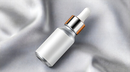 White dropper bottle blank label silver cap pipette skincare cosmetic mockup minimal clean glossy finish White dropper bottle with blank label, silver cap, and pipette soft satin fabric