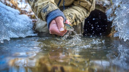 Hand Releasing Small Fish Into Icy Water Promotes Sustainable Fishing Practices in a Winter Environment